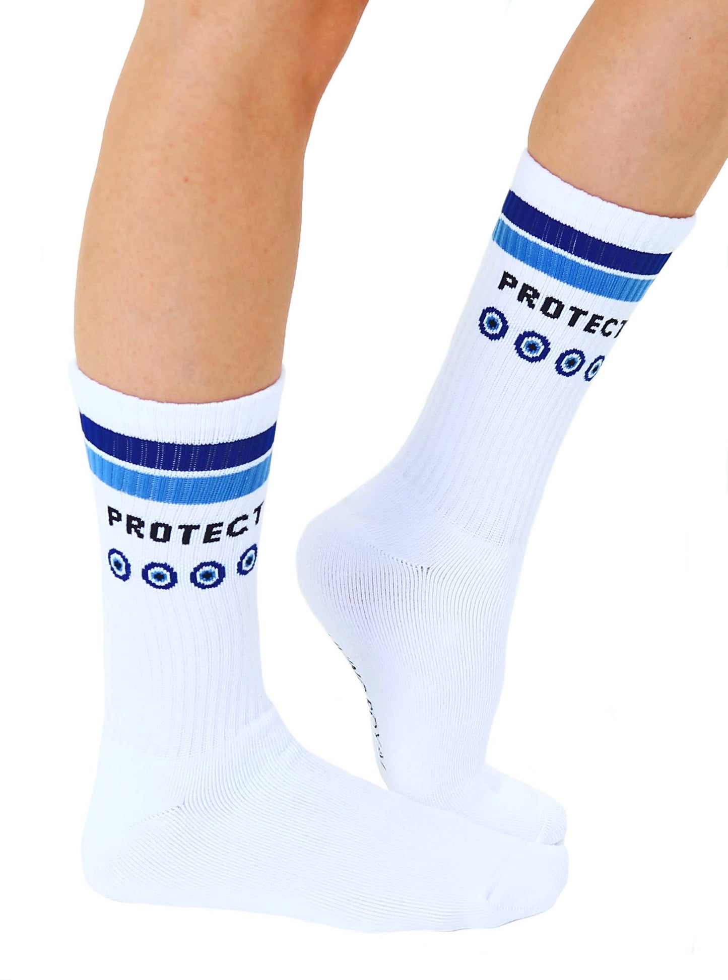 Classic Crew Socks w/ Ribbed Tubing - "Protect" - White