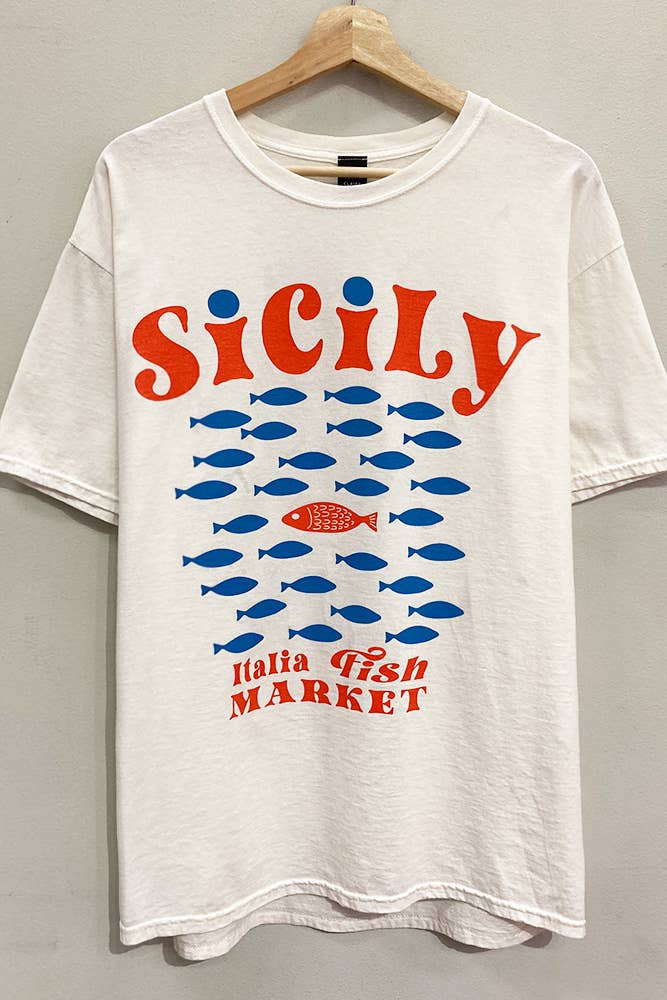 Sicily Fishes Graphic Tee : White / OVERSIZED / SM