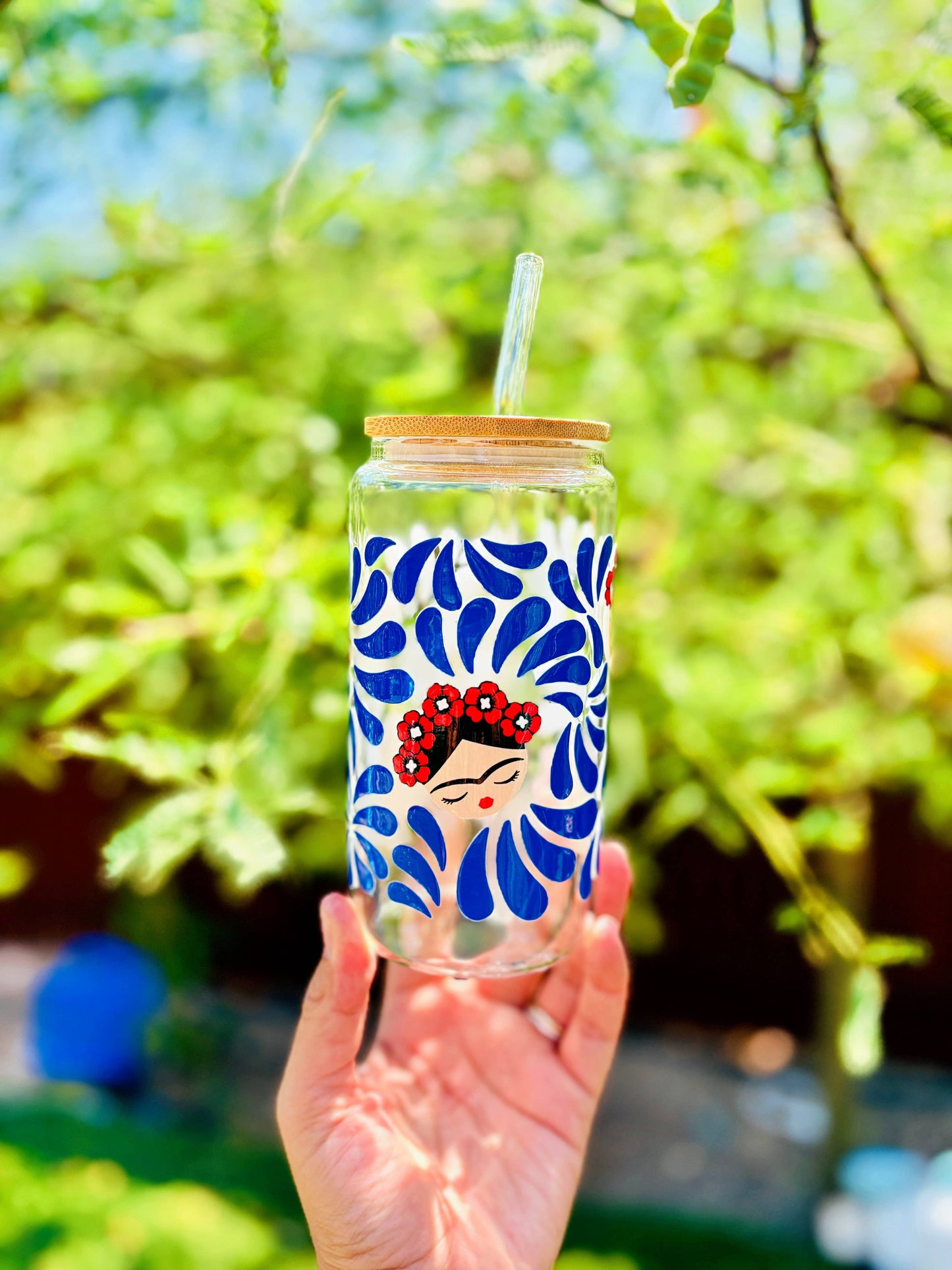 Frida-Inspired Glass Cup – Talavera Blue | 16oz Libbey Can Glass with Bamboo Lid & Glass Straw