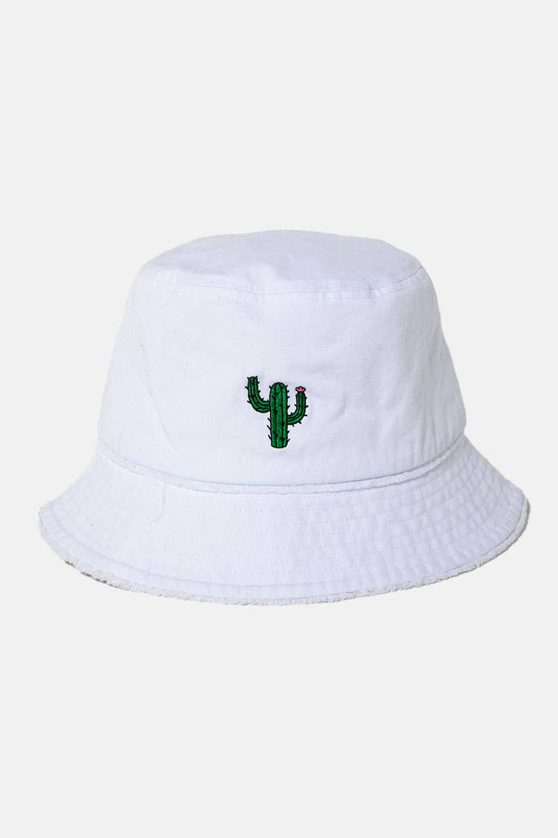 Cactus Embroidered Distressed Cotton Bucket Hat