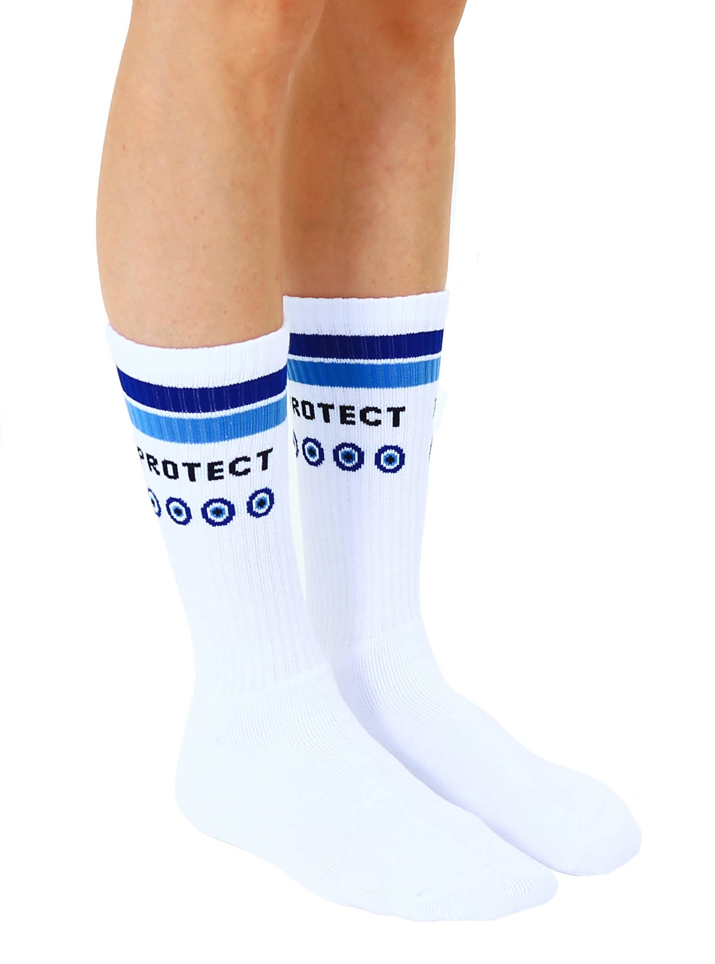 Classic Crew Socks w/ Ribbed Tubing - "Protect" - White