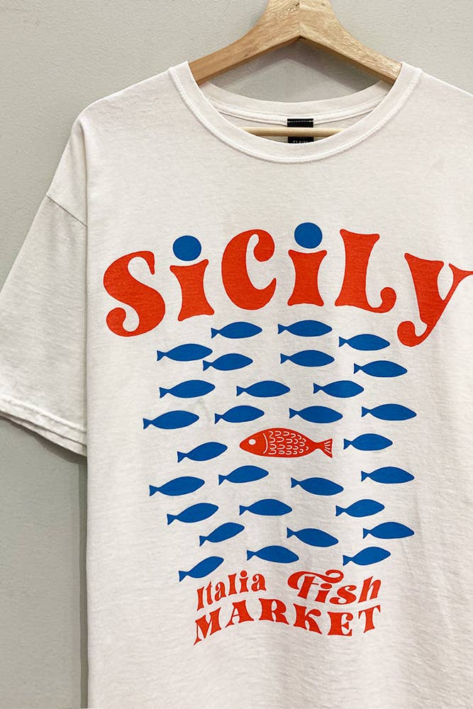 Sicily Fishes Graphic Tee : White / OVERSIZED / SM