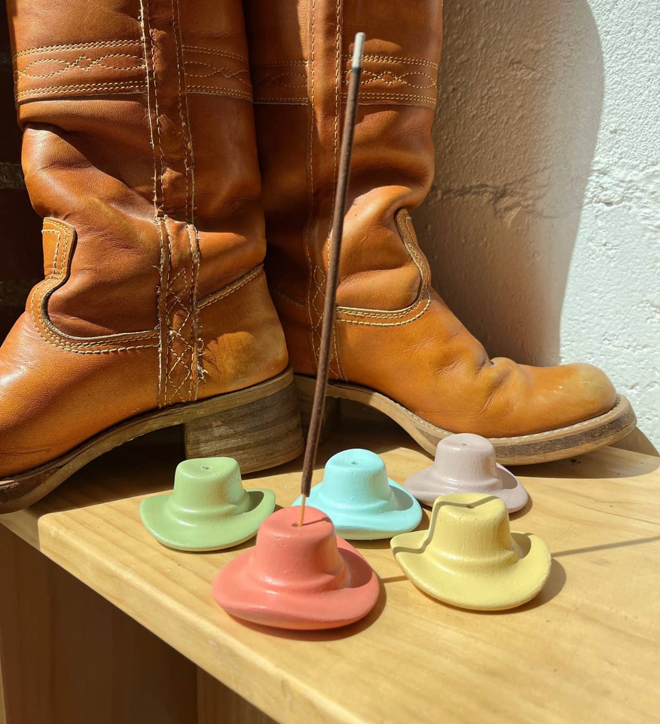 Colorful Concrete Cowboy Western Hat Incense Holder: Coral