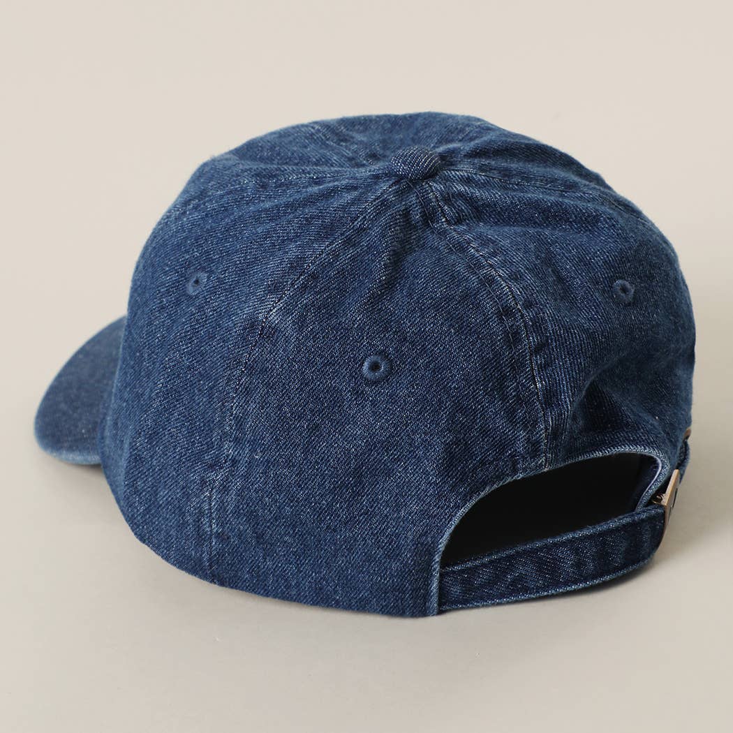 Amore Embroidered Washed Denim Baseball Cap: DK BLUE / ONE SIZE