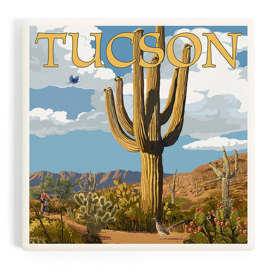 CERAMIC COASTER Tucson, Arizona, Saguaro & Roadrunner