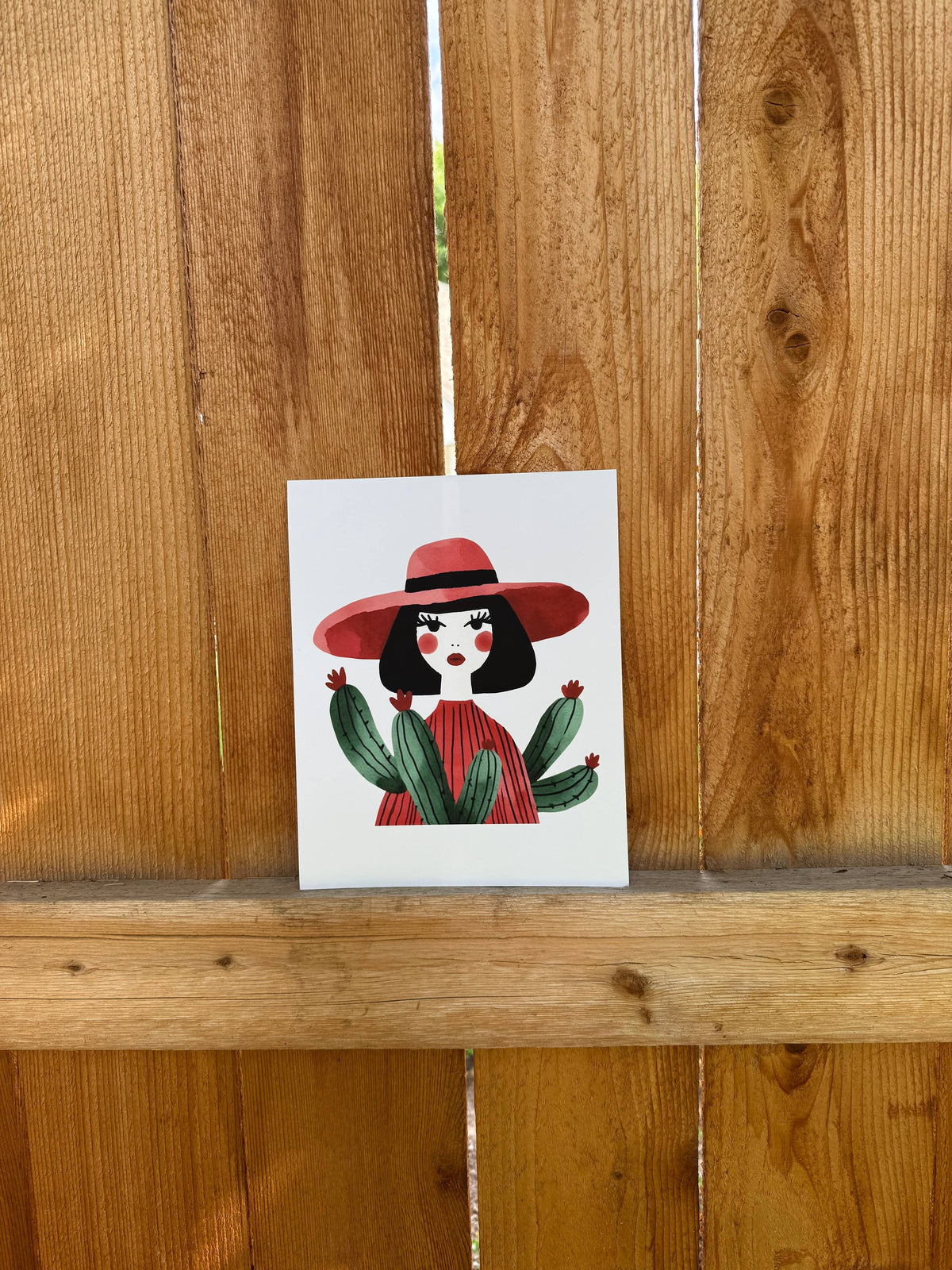Red Hat Cactus Woman Print, Watercolor Desert Wall Art