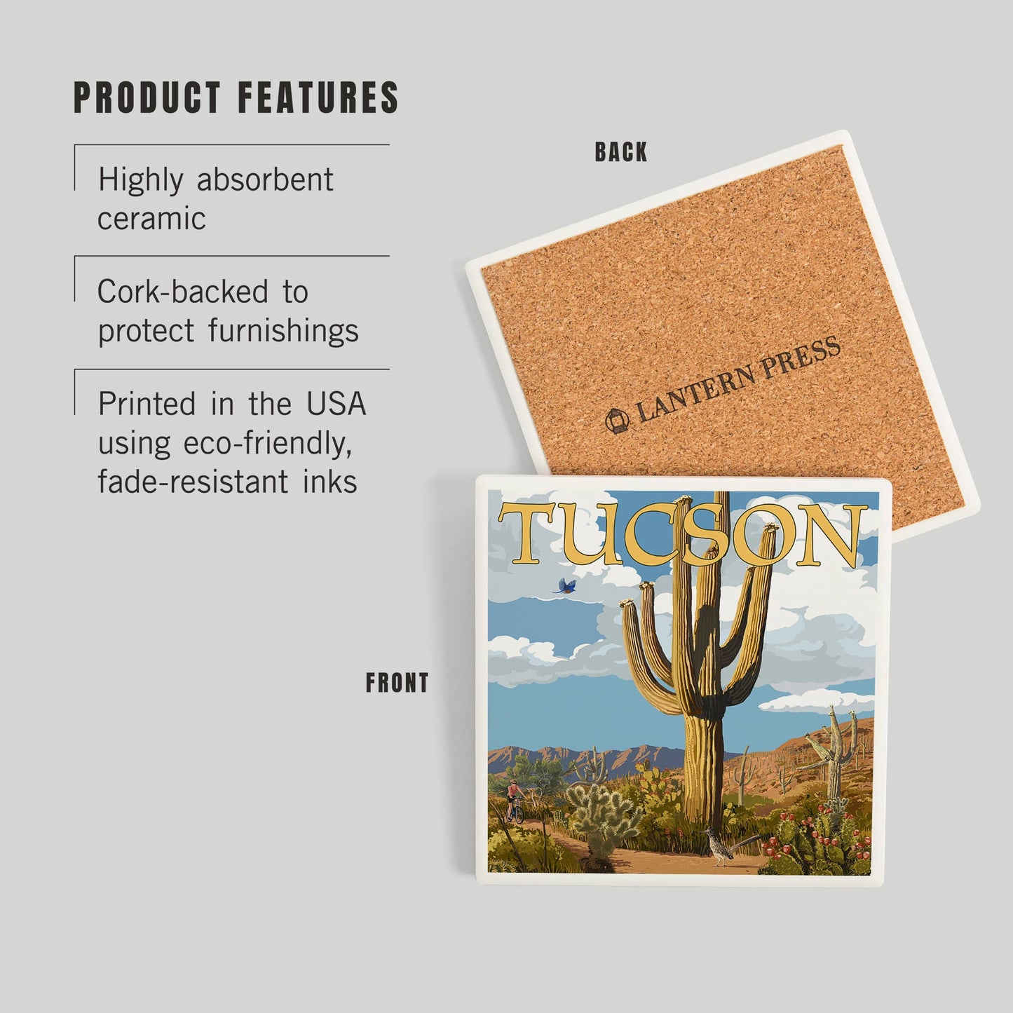 CERAMIC COASTER Tucson, Arizona, Saguaro & Roadrunner