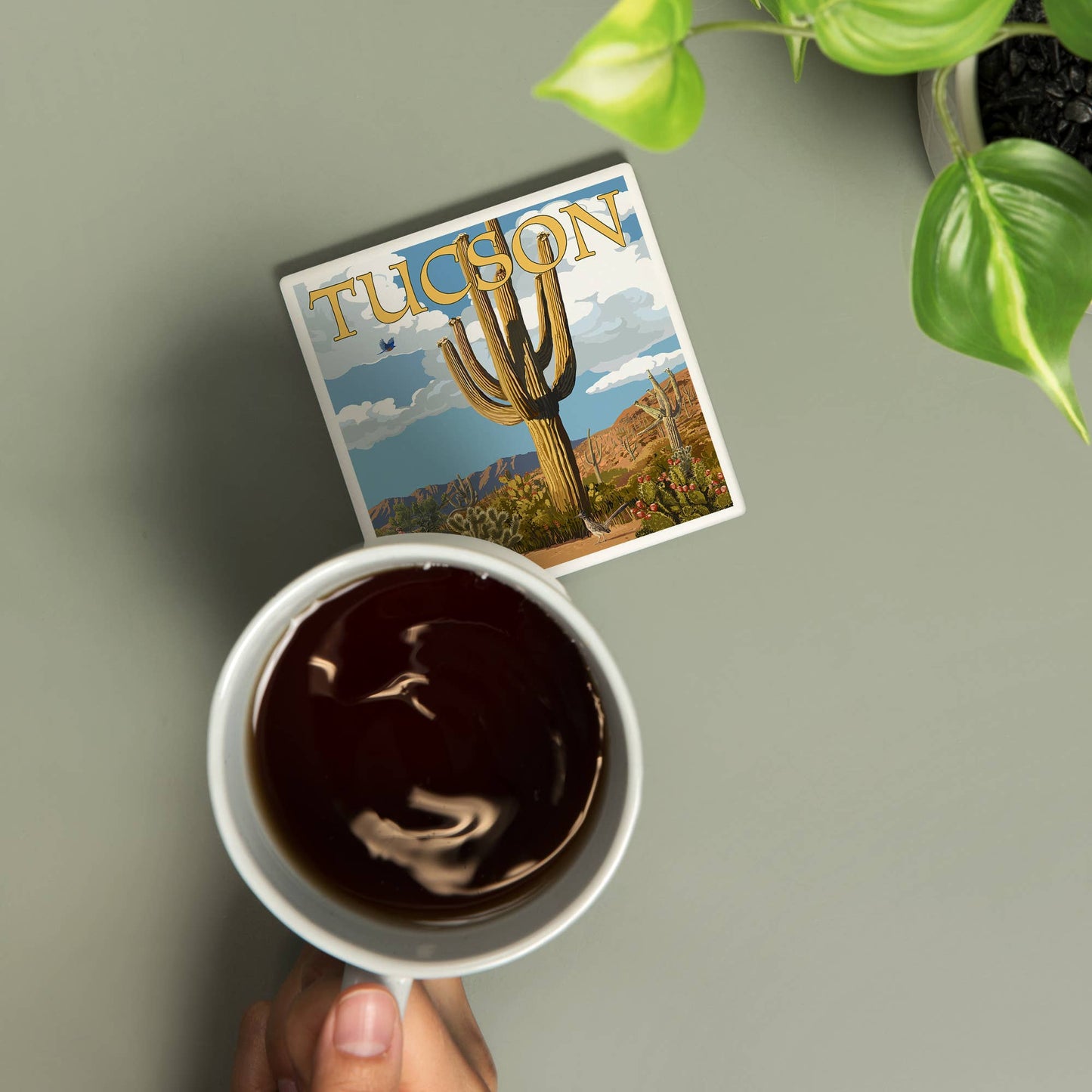 CERAMIC COASTER Tucson, Arizona, Saguaro & Roadrunner