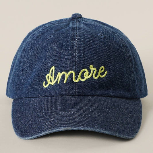 Amore Embroidered Washed Denim Baseball Cap: DK BLUE / ONE SIZE