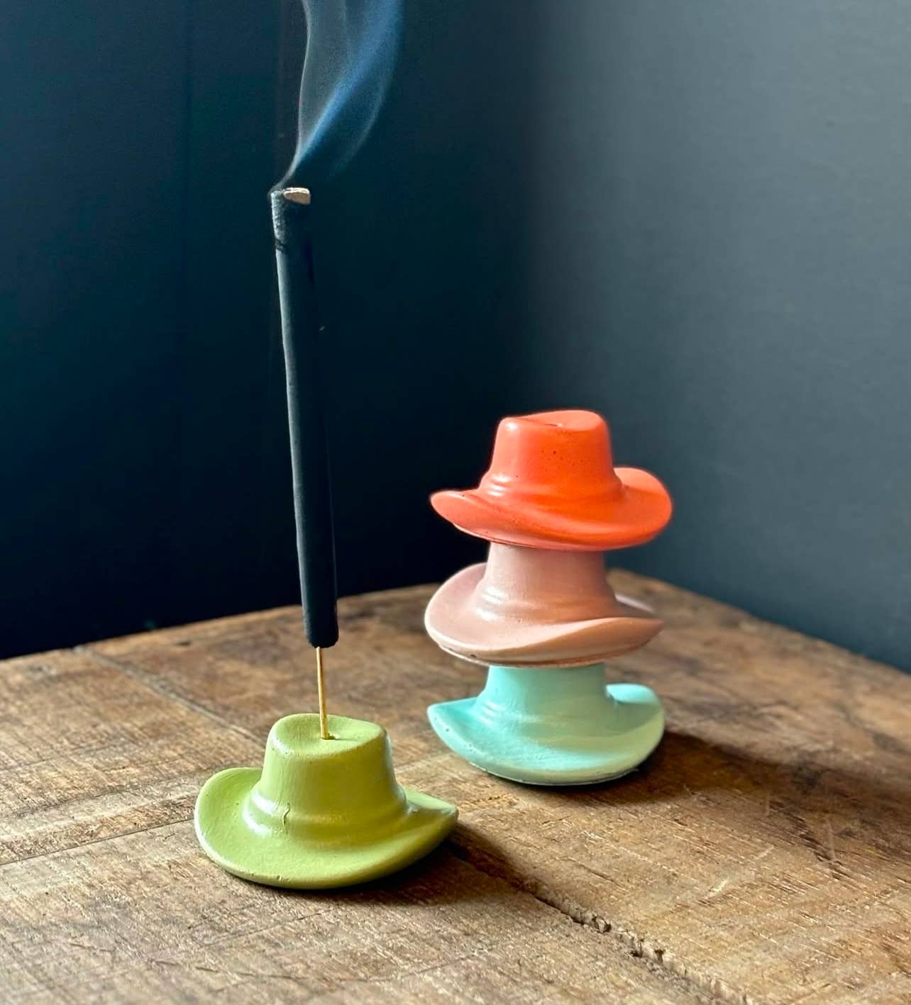 Colorful Concrete Cowboy Western Hat Incense Holder: Sage Green