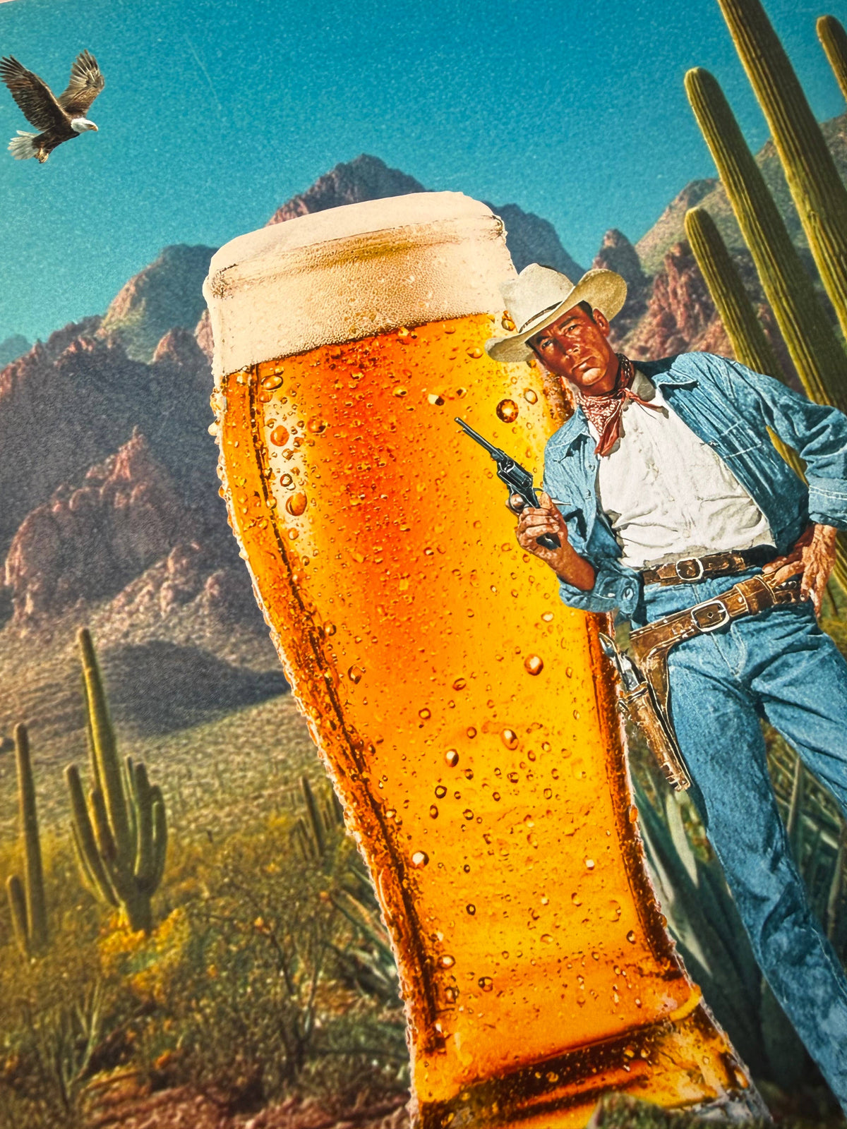 Cowboy Beer Collage Art Print, Vintage Desert Wall Art