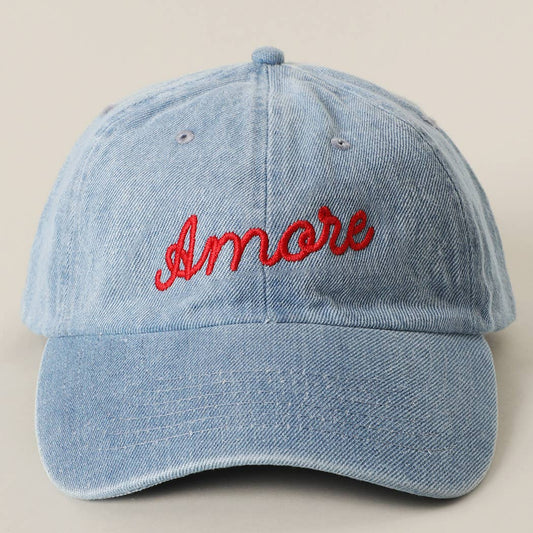 Amore Embroidered Washed Denim Baseball Cap: LT BLUE / ONE SIZE