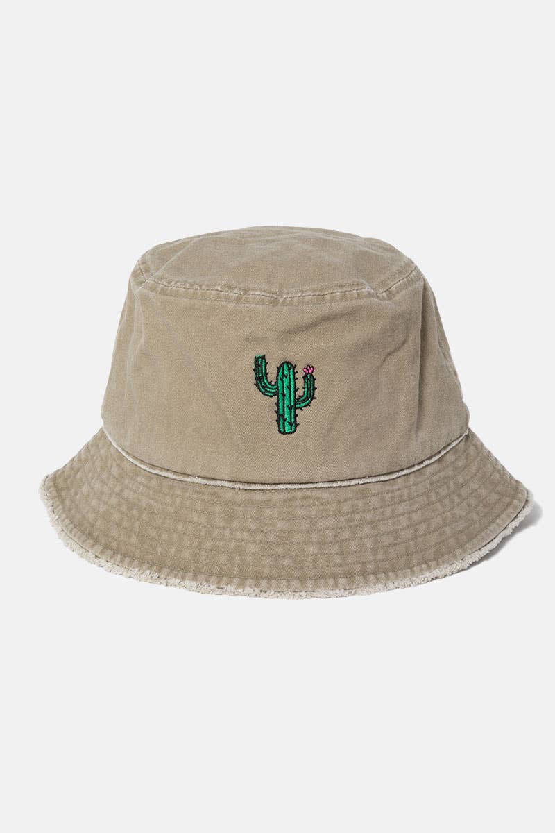 Cactus Embroidered Distressed Cotton Bucket Hat