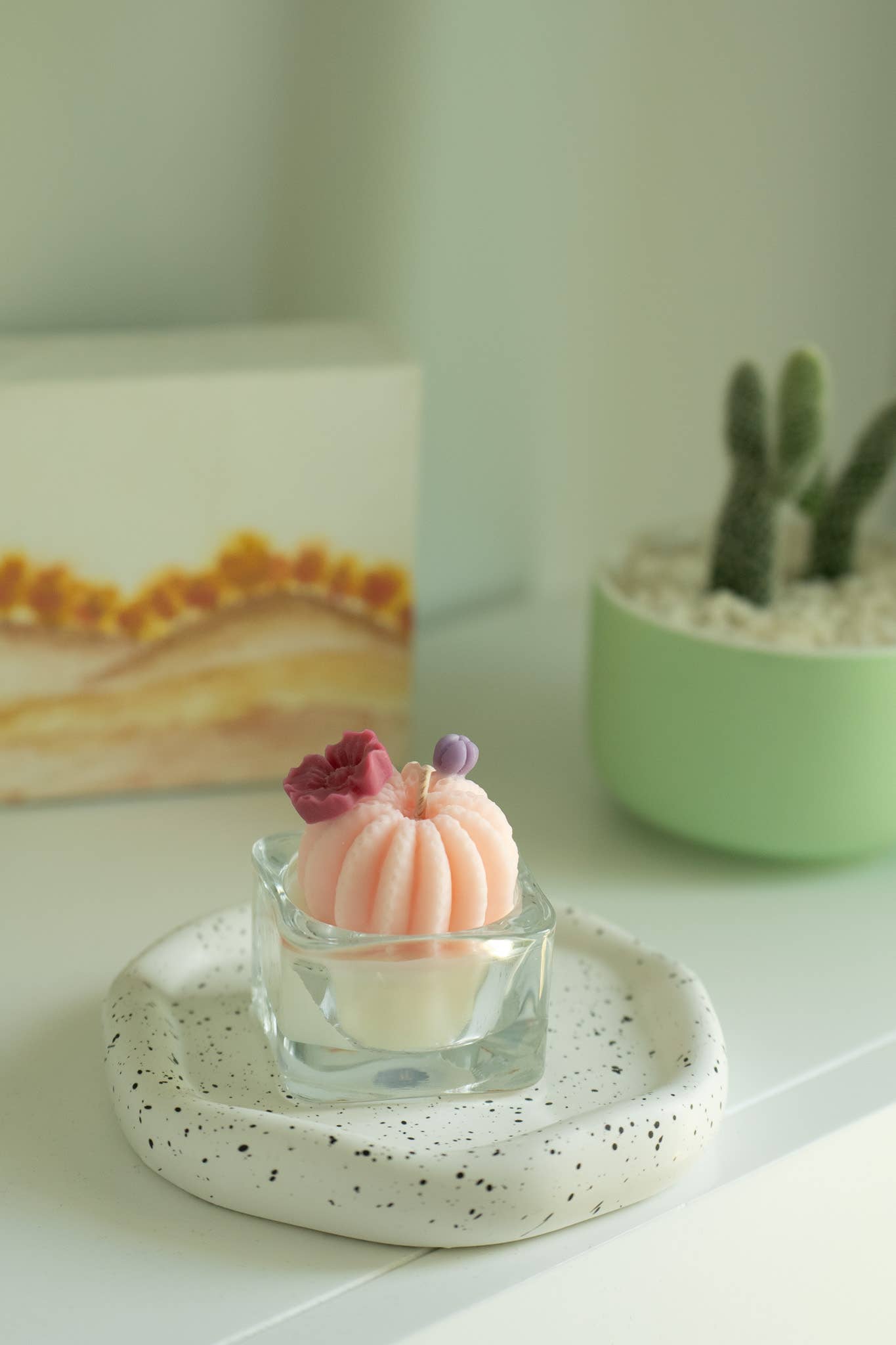 Barrel Cactus Candle: Green w/ purple