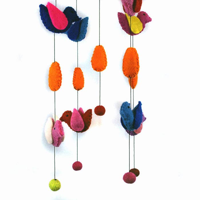 Felted Bird with clouds and Drop Theme Mobile Hanging