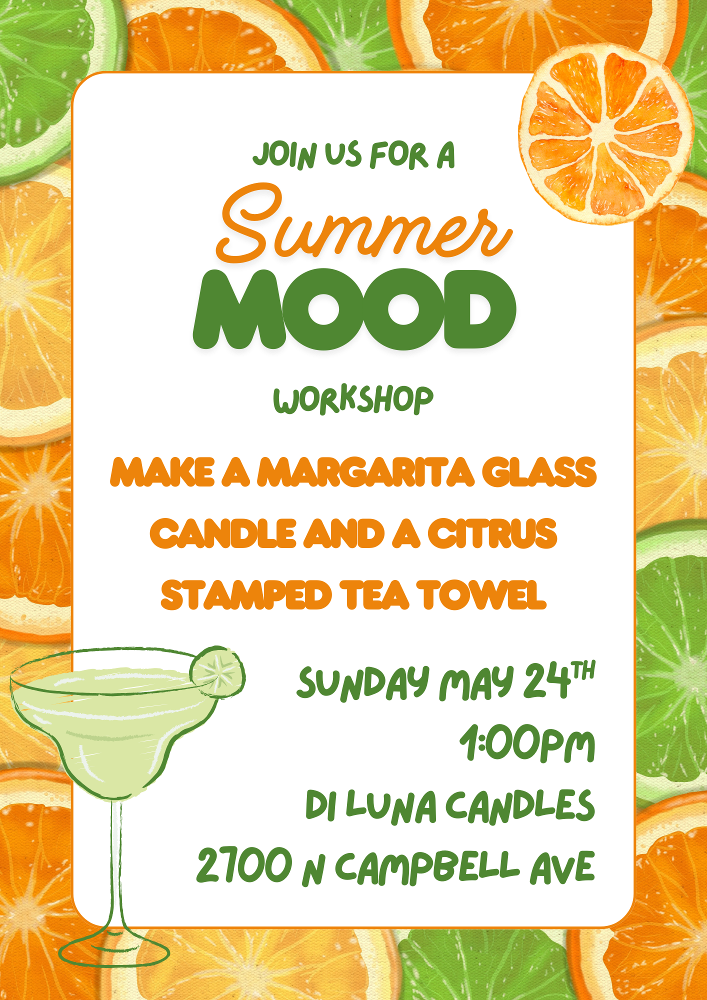 5/24 Margarita Glass Candle + Citrus Stamped Tea Towel