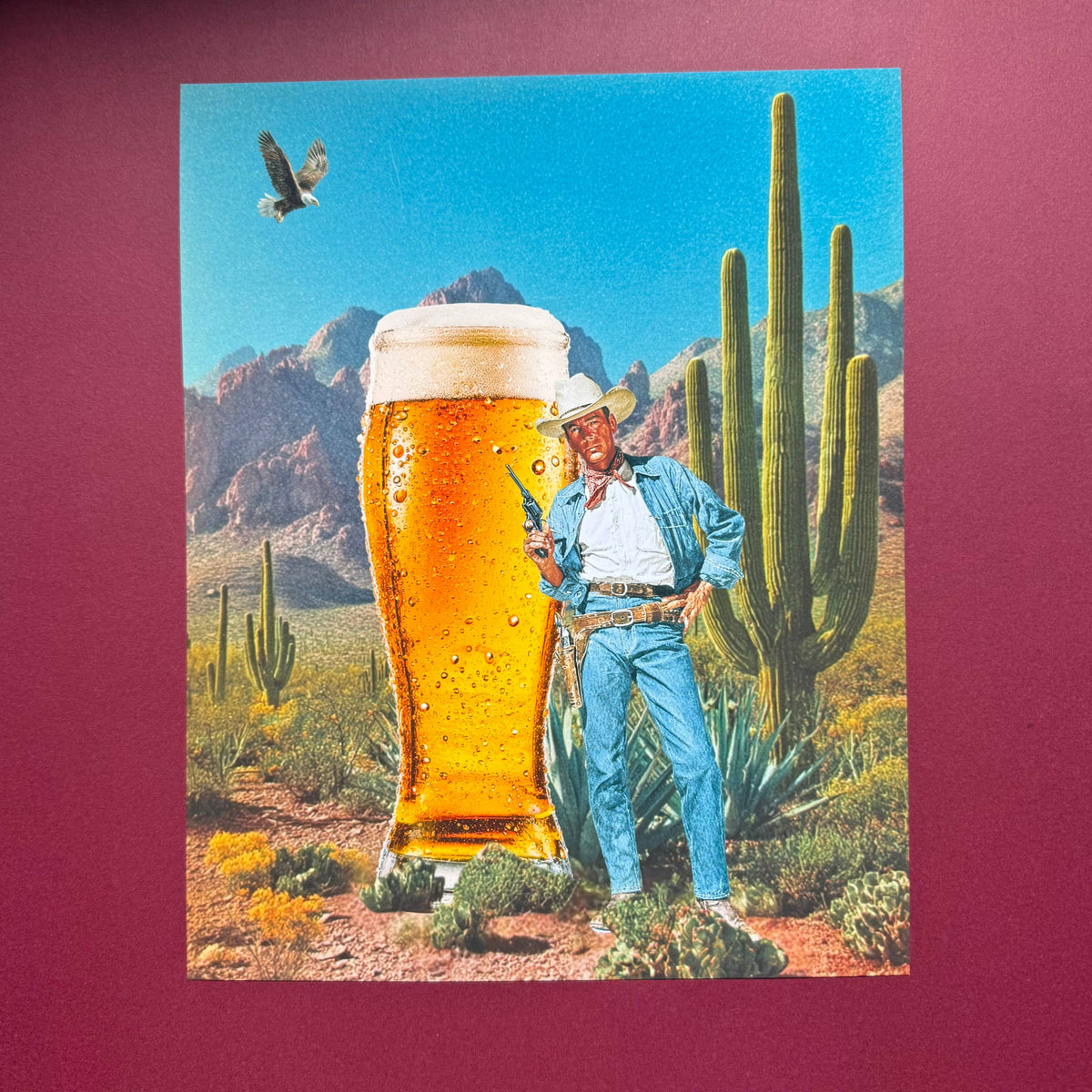 Cowboy Beer Collage Art Print, Vintage Desert Wall Art