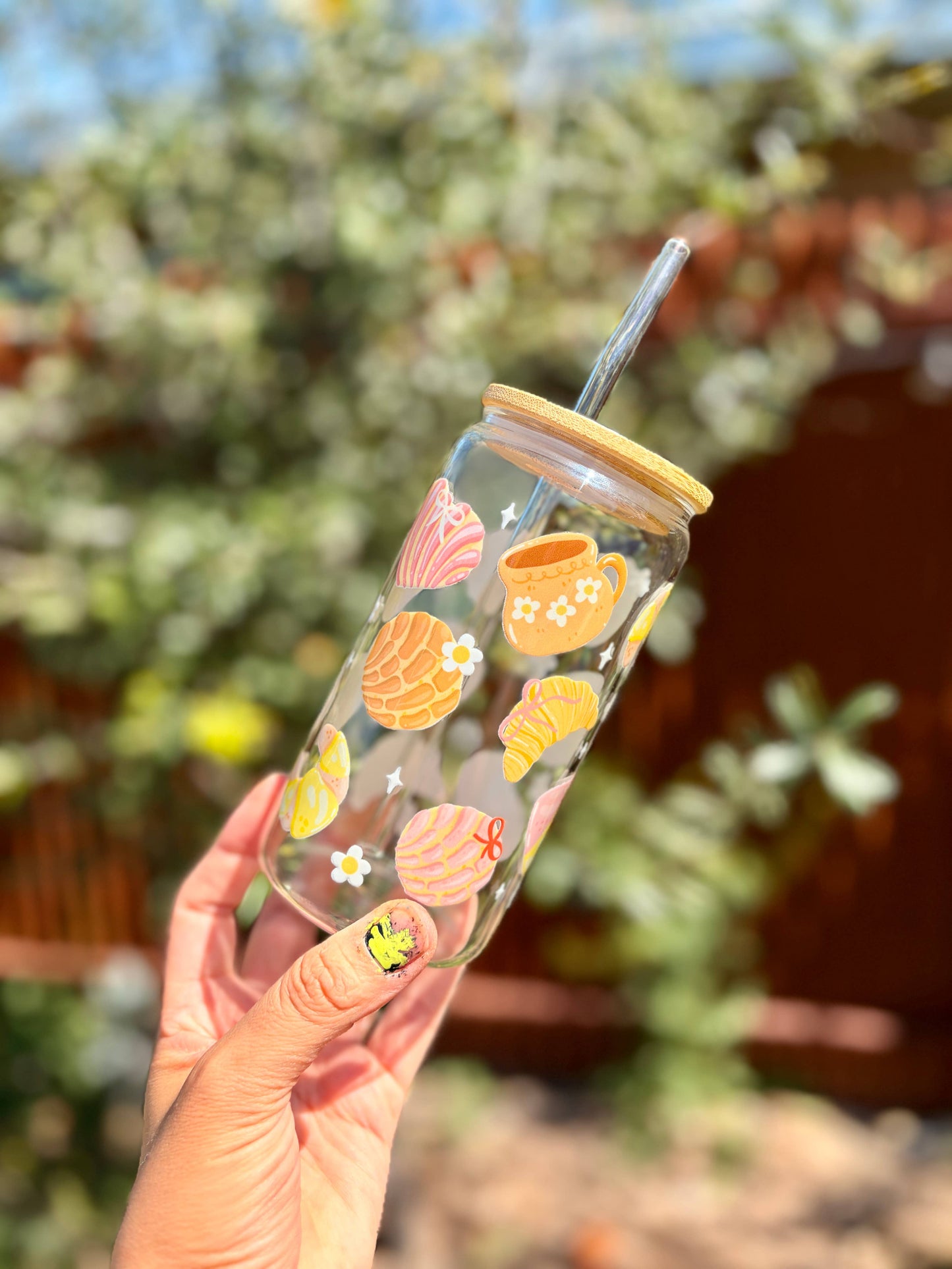 Pan Dulce Libbey Glass Cup – 16oz (Bamboo Lid & Glass Straw)
