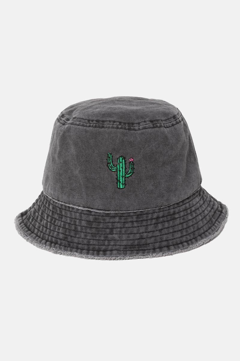 Cactus Embroidered Distressed Cotton Bucket Hat
