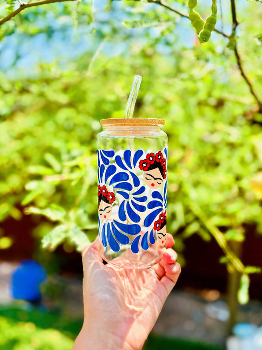 Frida-Inspired Glass Cup – Talavera Blue | 16oz Libbey Can Glass with Bamboo Lid & Glass Straw