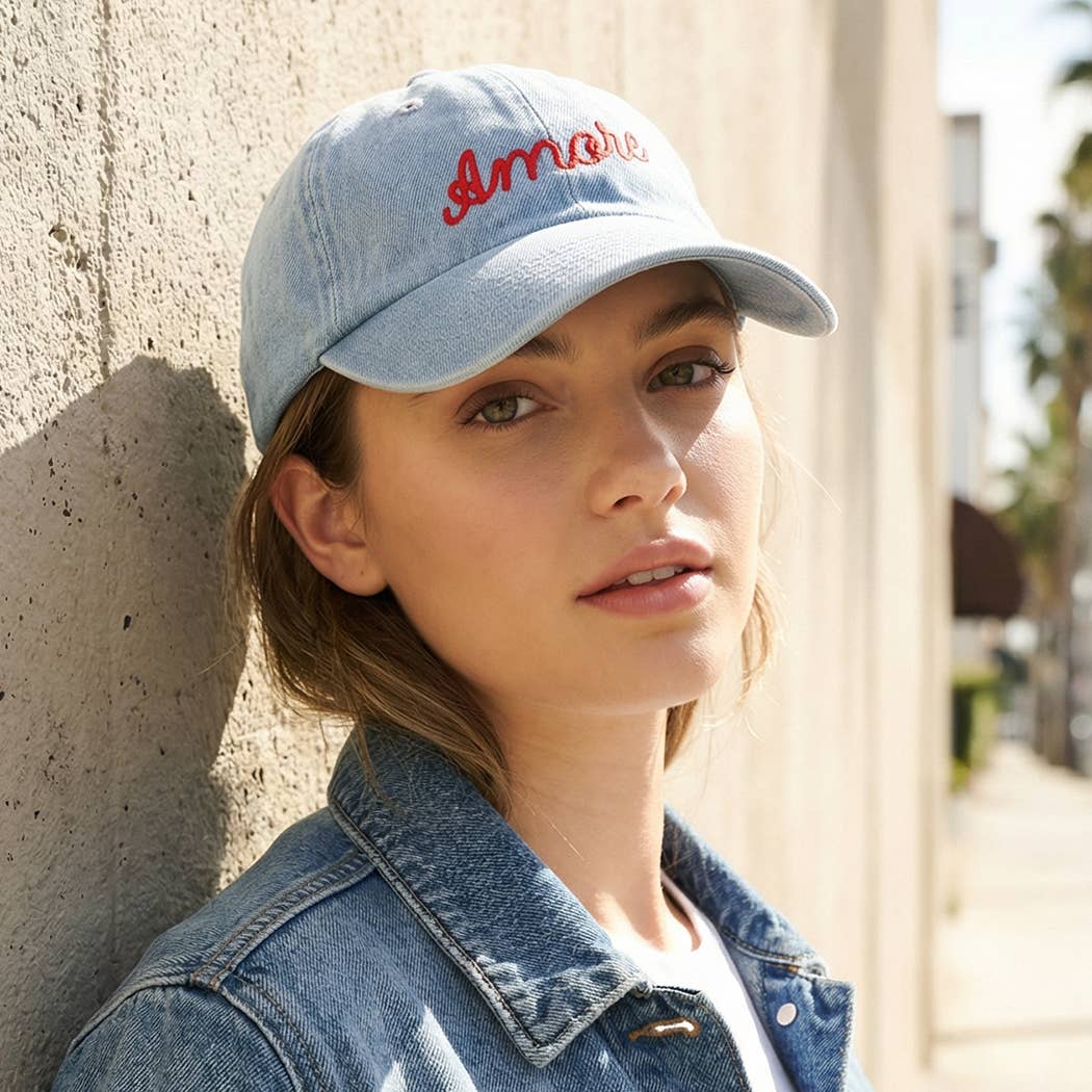 Amore Embroidered Washed Denim Baseball Cap: LT BLUE / ONE SIZE
