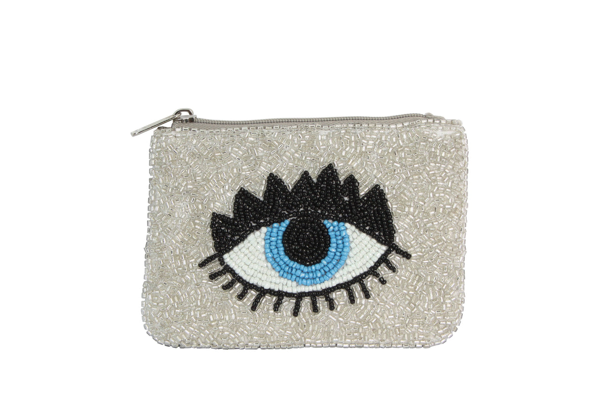 Ladies Fully Beaded White Evil Eye Theme Coin Purse