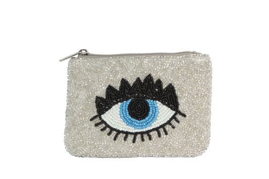 Ladies Fully Beaded White Evil Eye Theme Coin Purse