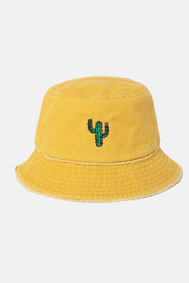 Cactus Embroidered Distressed Cotton Bucket Hat