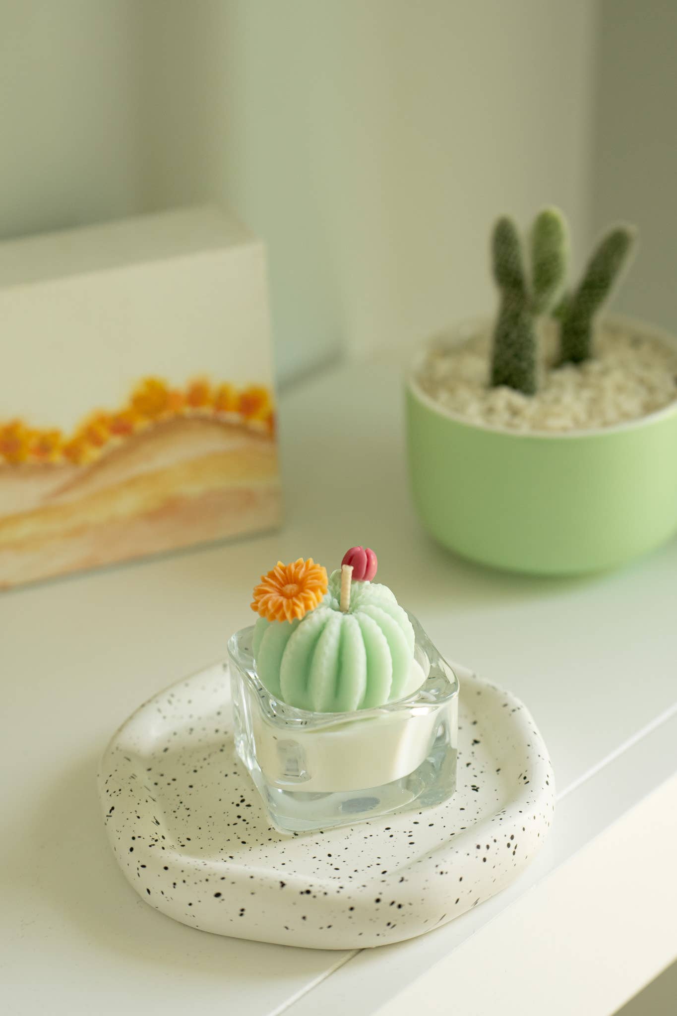 Barrel Cactus Candles: Green w/ red