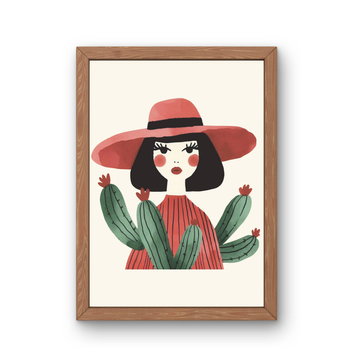 Red Hat Cactus Woman Print, Watercolor Desert Wall Art