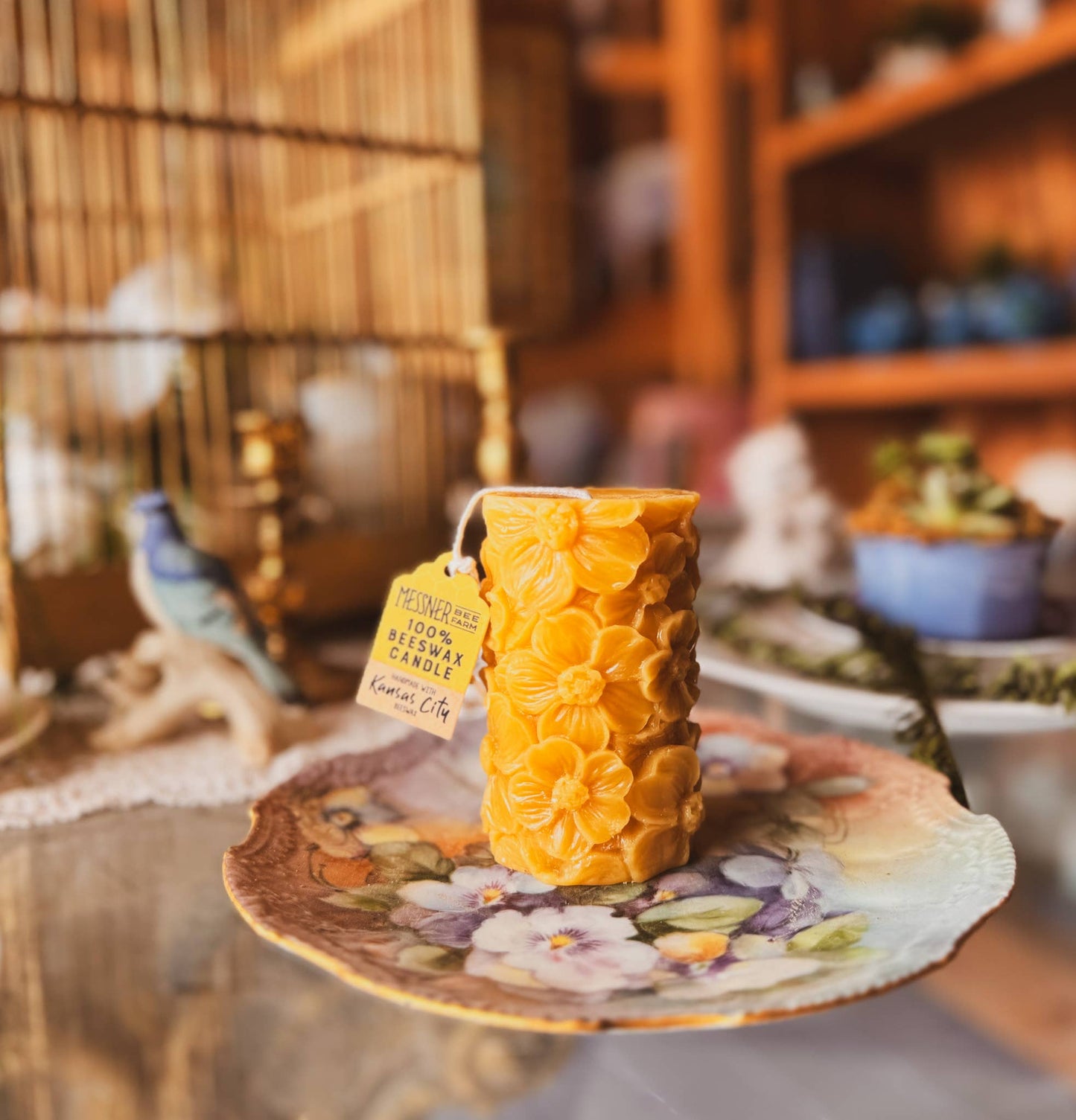Flower Pillar Candle - 100% Beeswax - Handmade