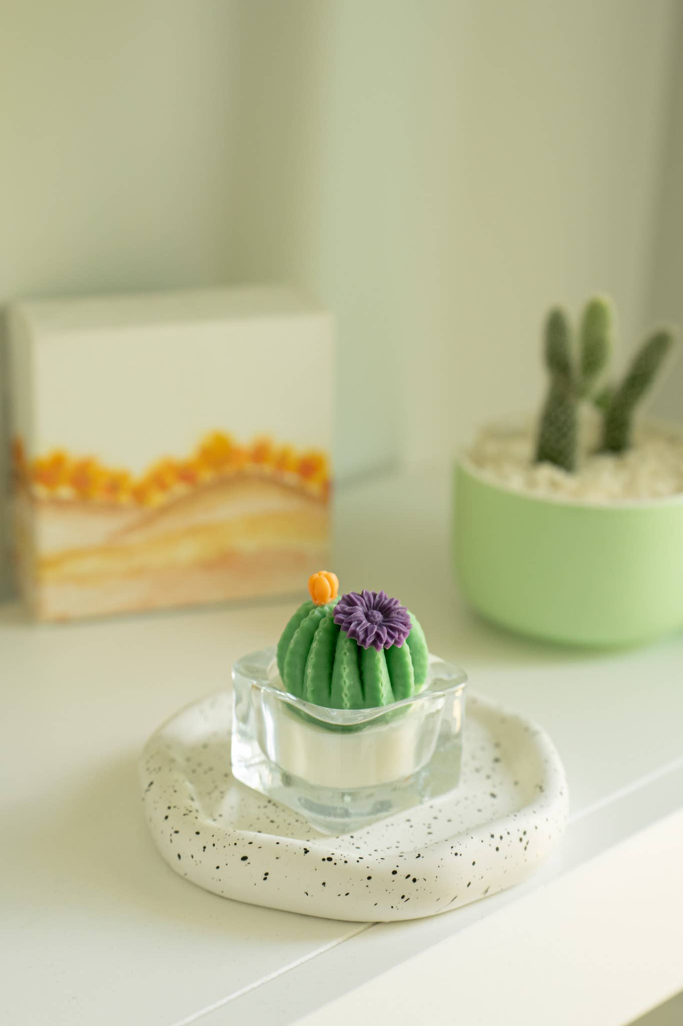 Barrel Cactus Candle: Green w/ purple