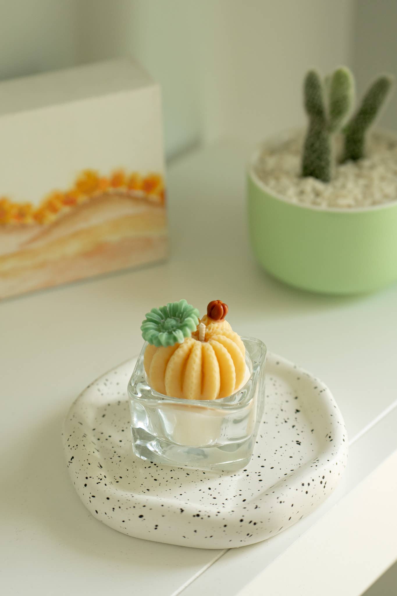 Barrel Cactus Candle: Green w/ purple